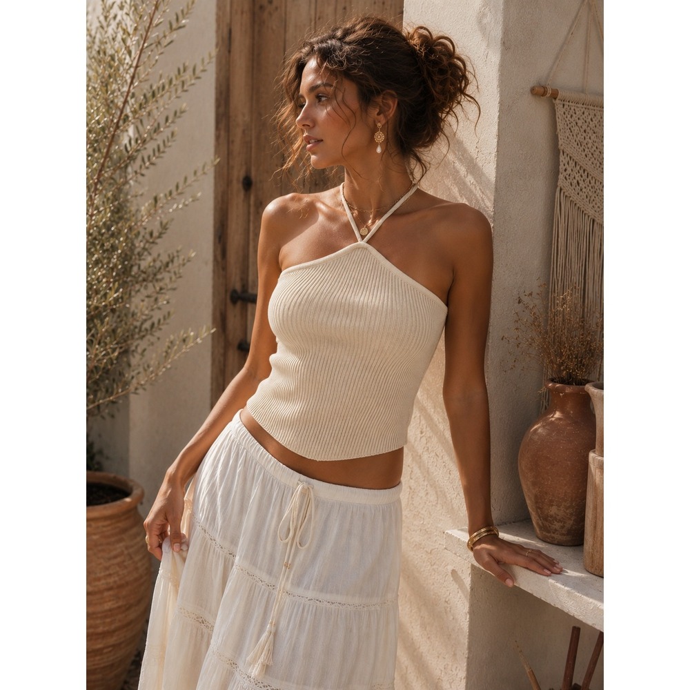Commense Ribbed Halterneck Beige Top Size Small